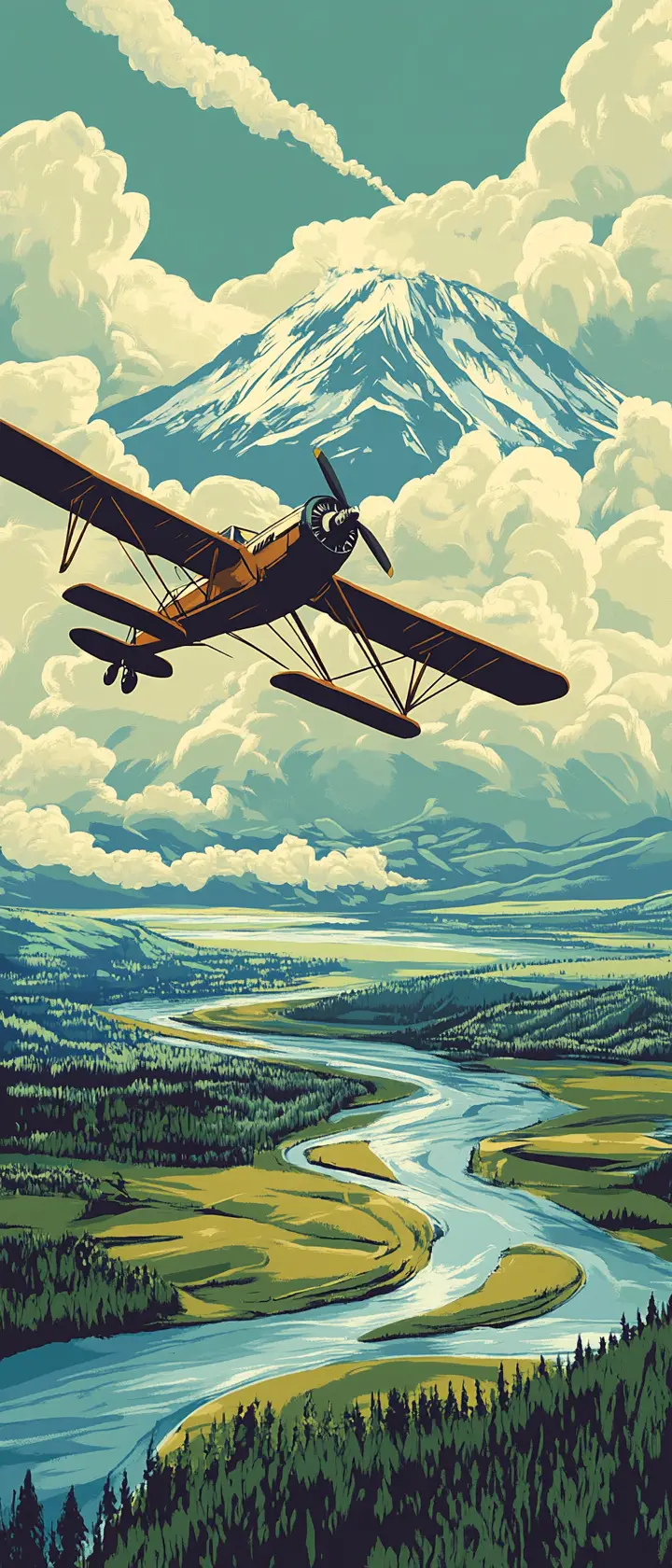 Vintage linocut airplane soaring above river and mountains