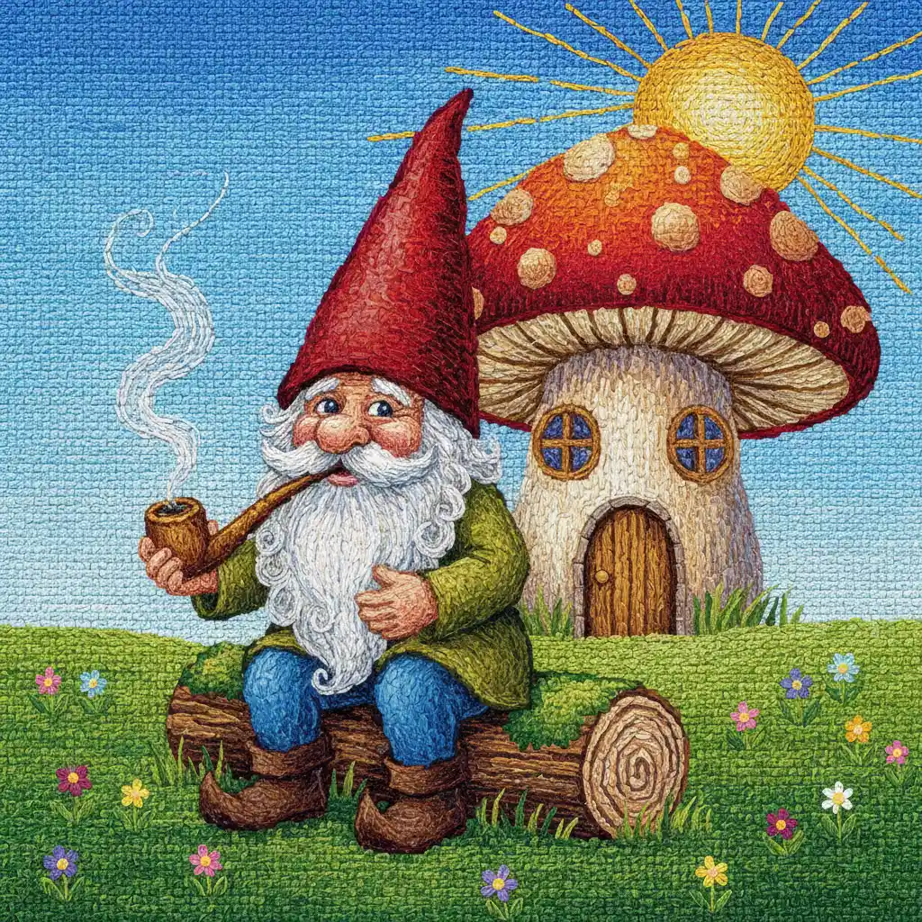 Colorful embroidery of a cute gnome by a mushroom house