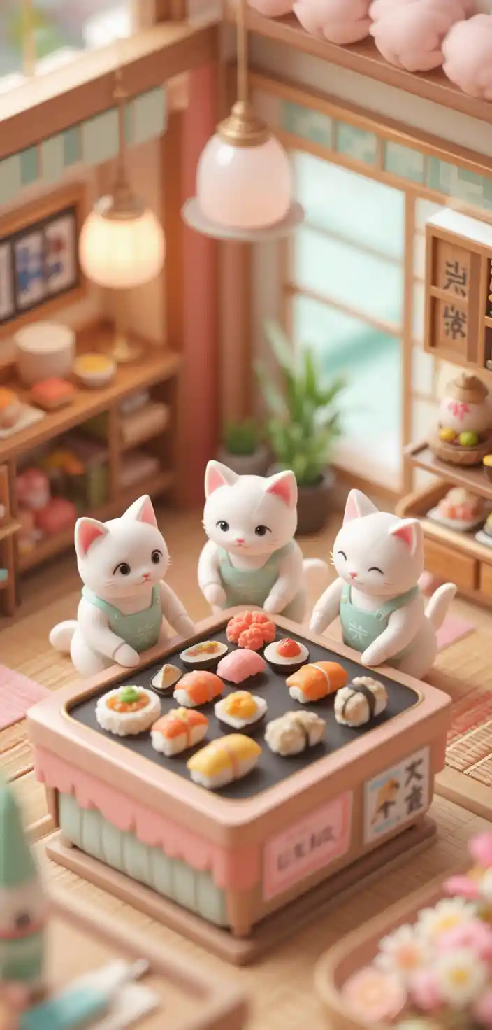 Kawaii cat chefs in a tiny sushi restaurant diorama