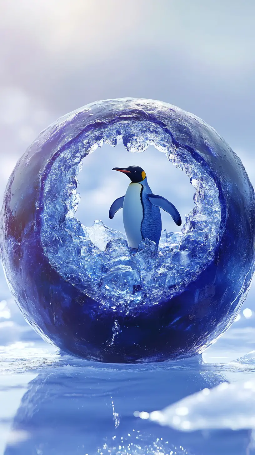 Penguin Exploring An Icy Cavern Inside A Blueberry