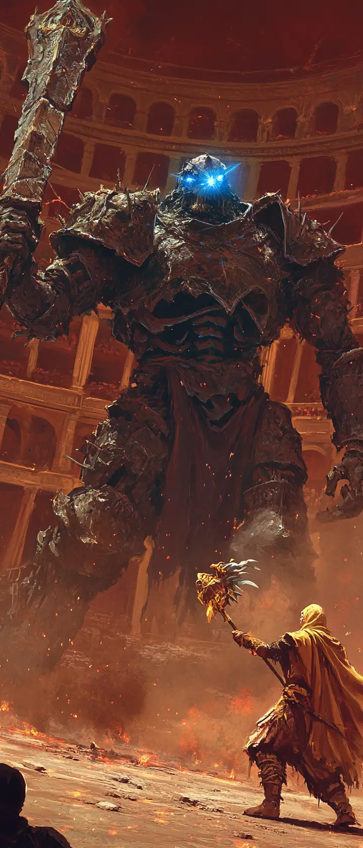 Colossal skeletal knight battling mage in ancient arena