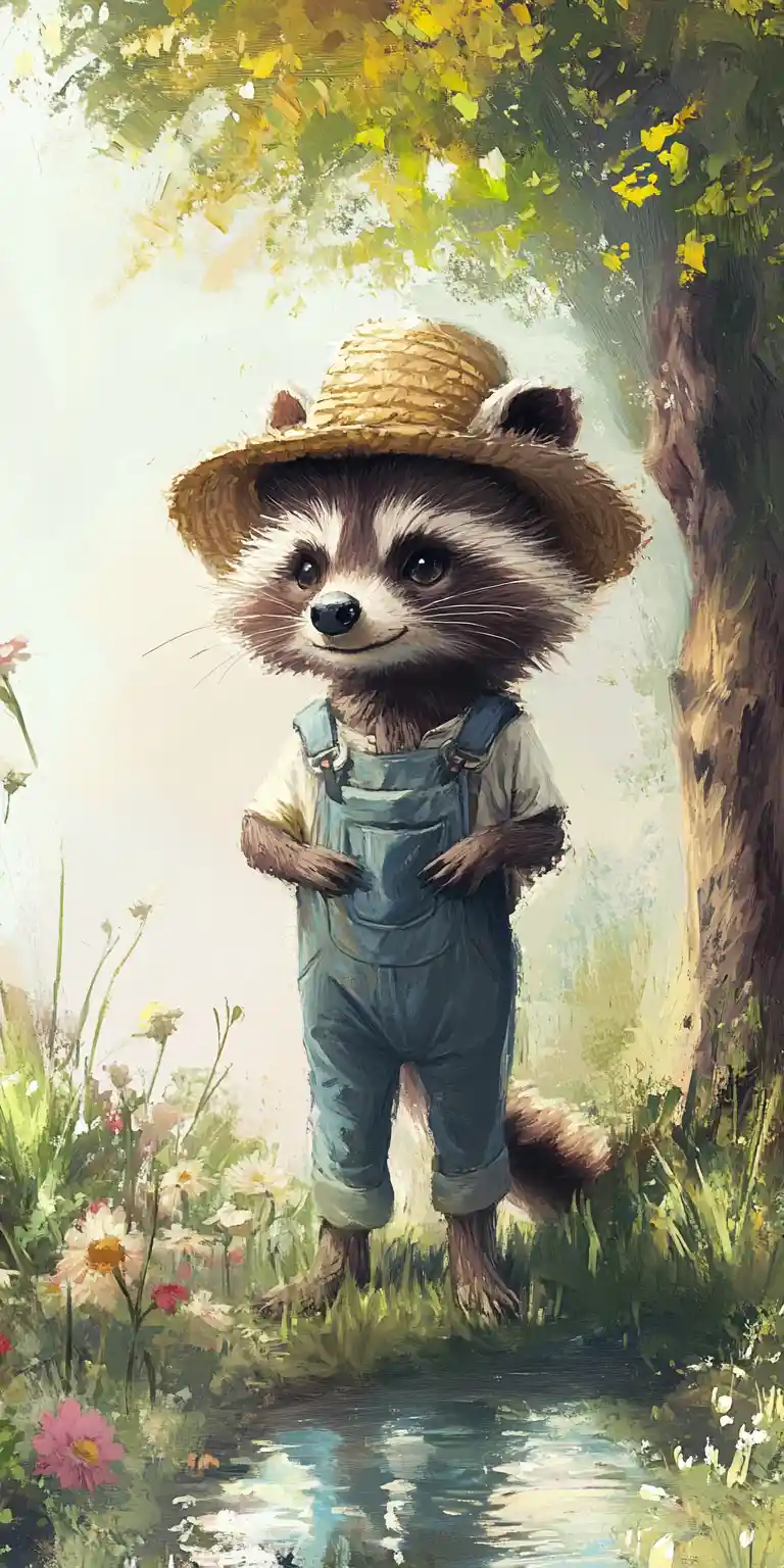 Cute raccoon gardener in a soft fairy tale illustration
