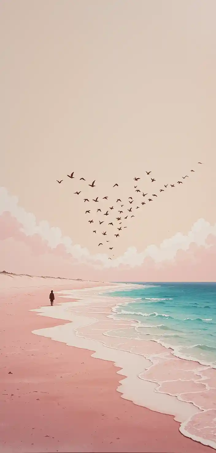 Ethereal watercolor beach with solitary figure at sunset
