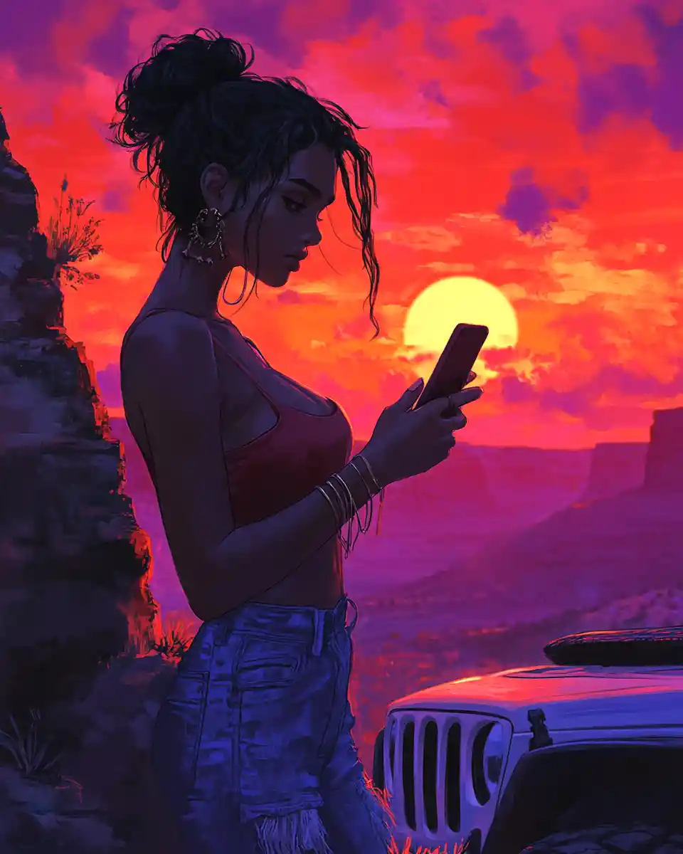 Coole Frau mit Jeep bei Sonnenuntergang am Wüstenhimmel