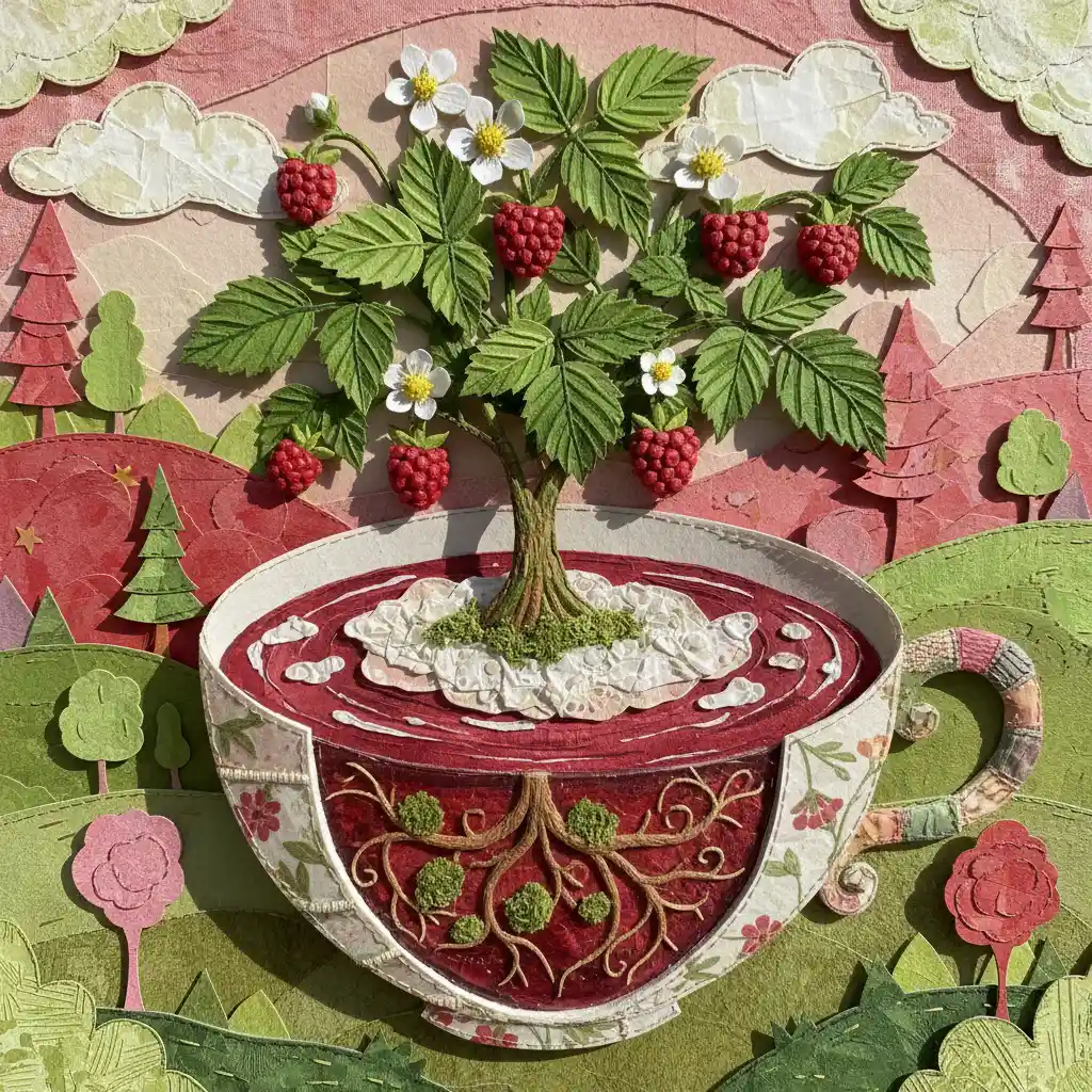 Raspberry Bush Growing From A Cup Of Raspberry Tea