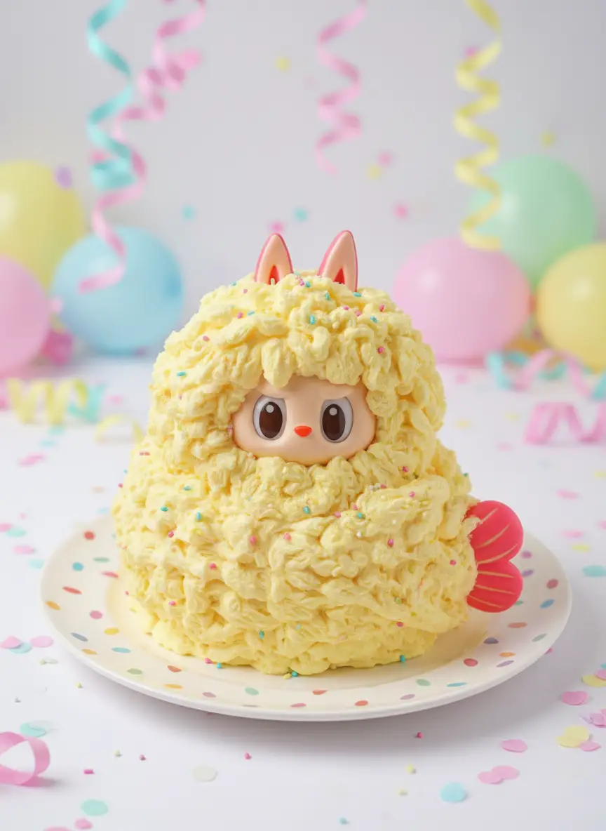 Cute creamy birthday cake on colorful playful background