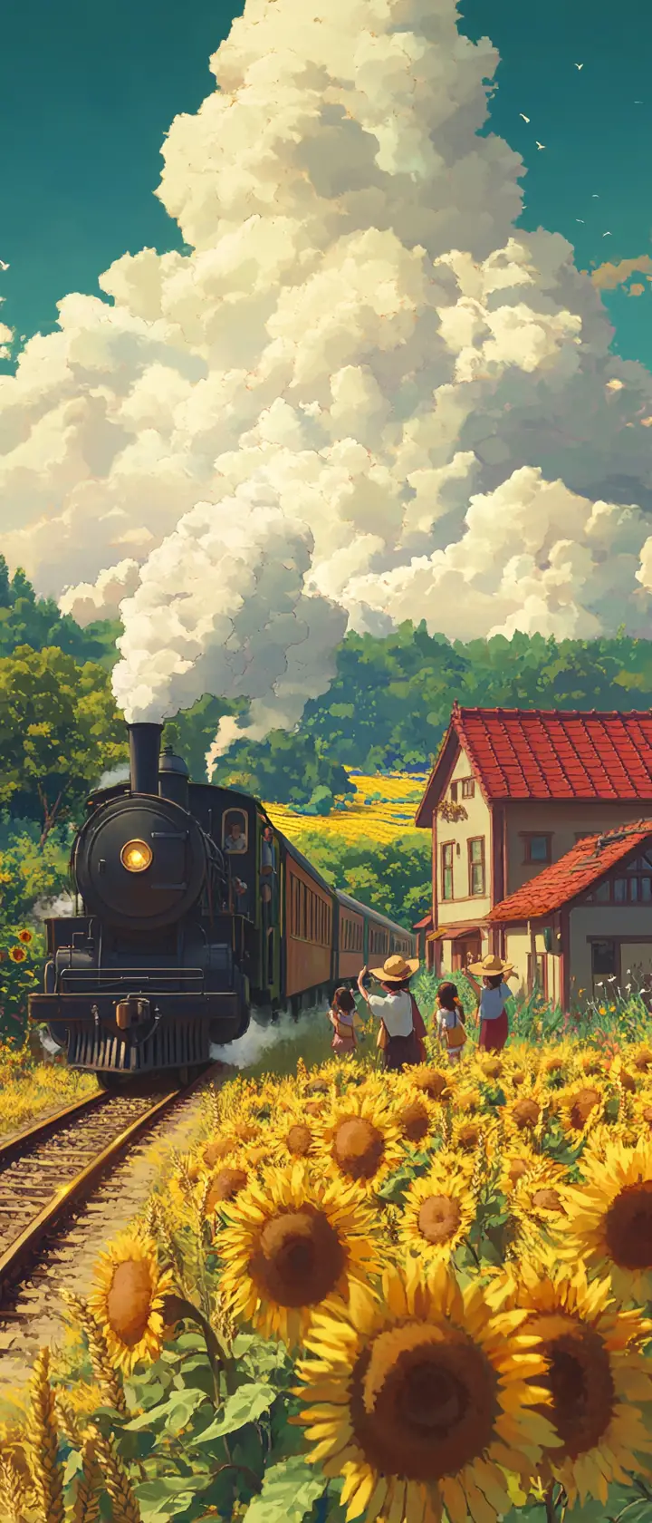 Summer countryside train passing through golden wheat fields