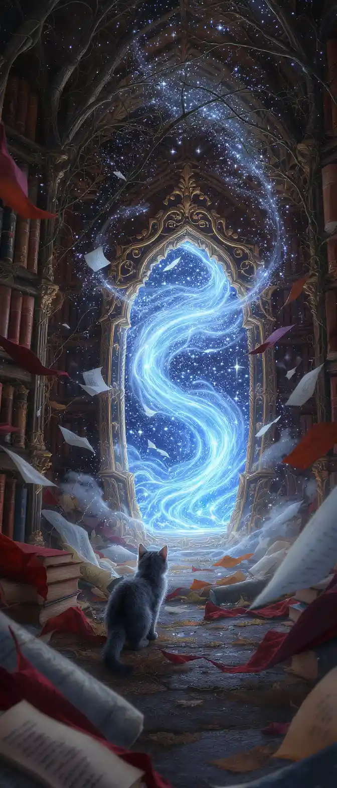 Curious kitten at a glowing portal in ancient library