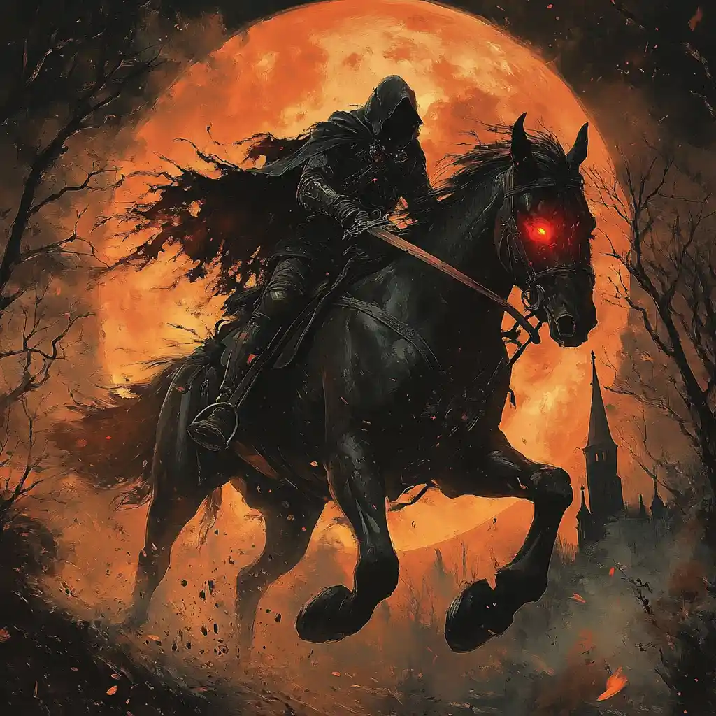 Dark rider charging on a warhorse under red moon