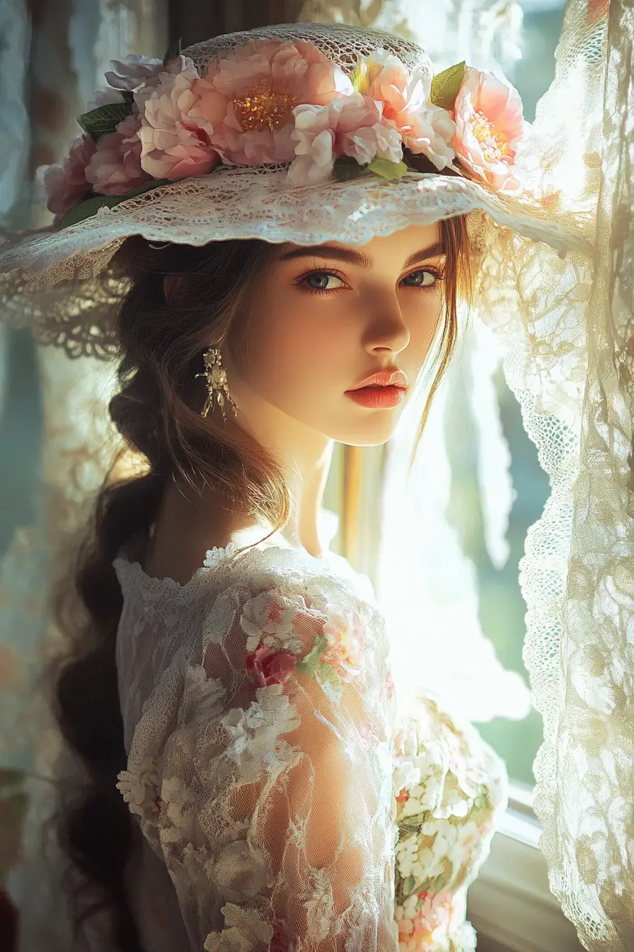 Elegant woman in floral hat by a sunlit window