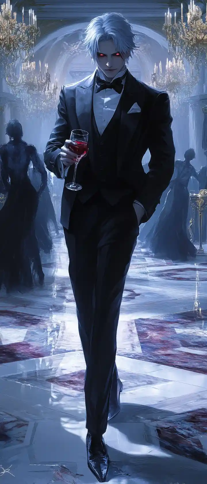 Anime vampire lord in a dark shattered ballroom