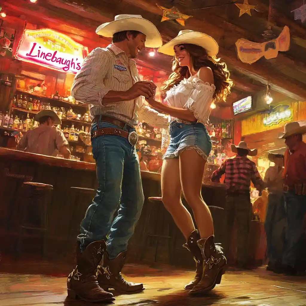 Muscular cowboy dancing with cowgirl in smoky neon bar