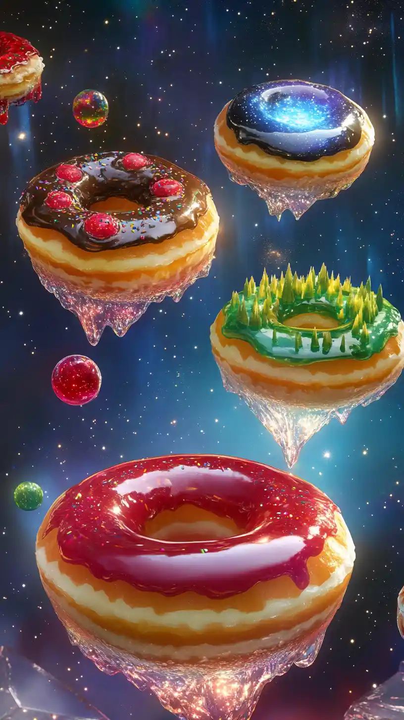 Cosmic donuts swirling as tiny fantastical miniature worlds