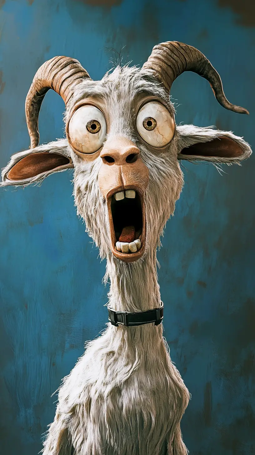 Cartoon goat with exaggerated surprised face on blue background