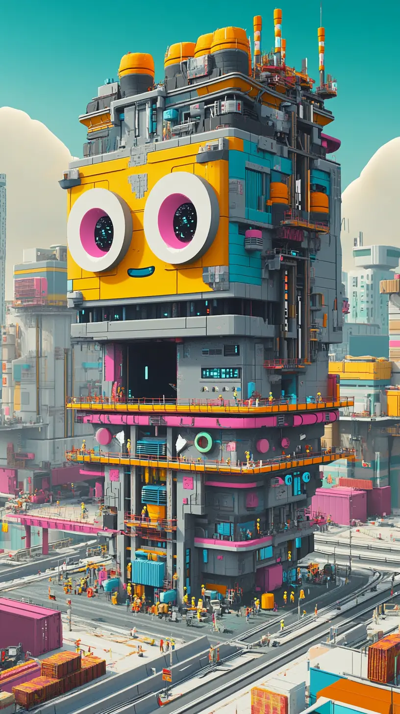 Playful Futuristic Building With Cartoon Face In Busy City