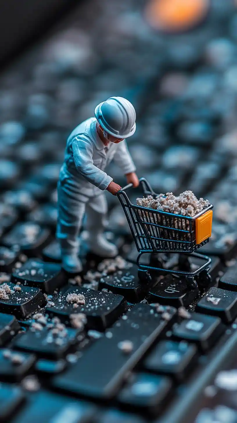 Miniature janitor cleaning crumbs on computer keyboard