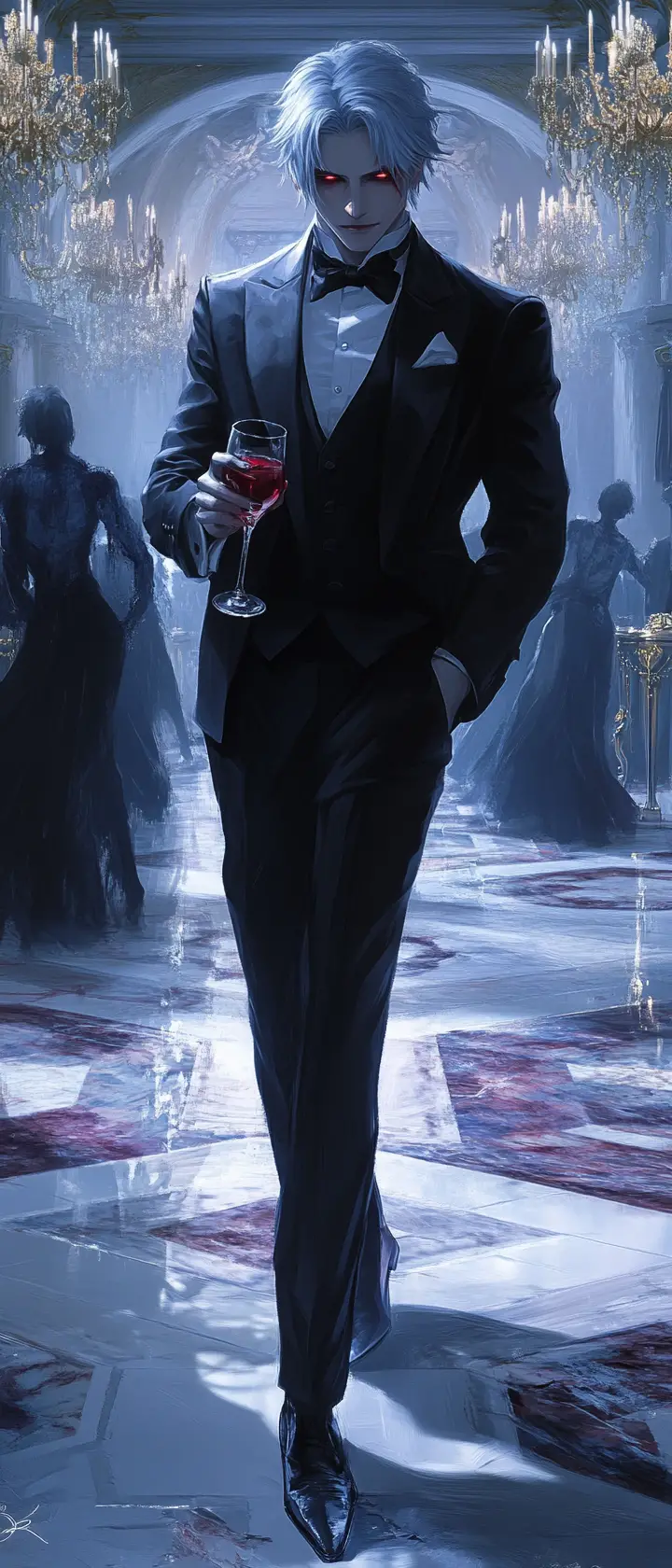 Anime vampire lord in a dark shattered ballroom