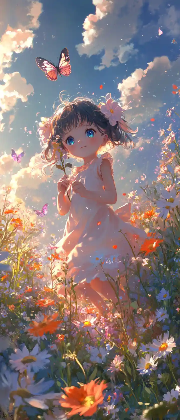 Anime toddler girl chasing butterfly in sunny meadow