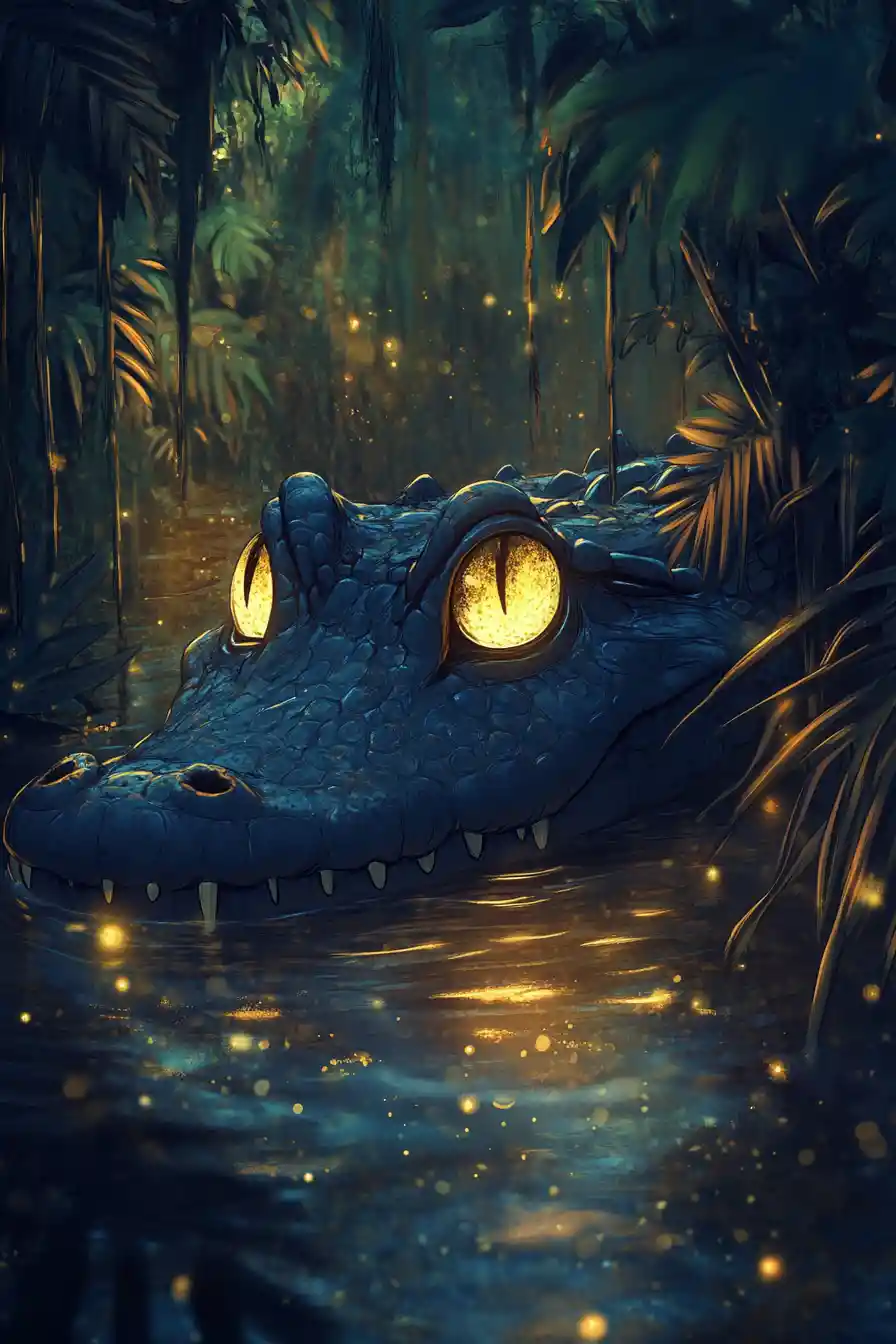 Cute anime crocodile peeking from glowing rainforest river