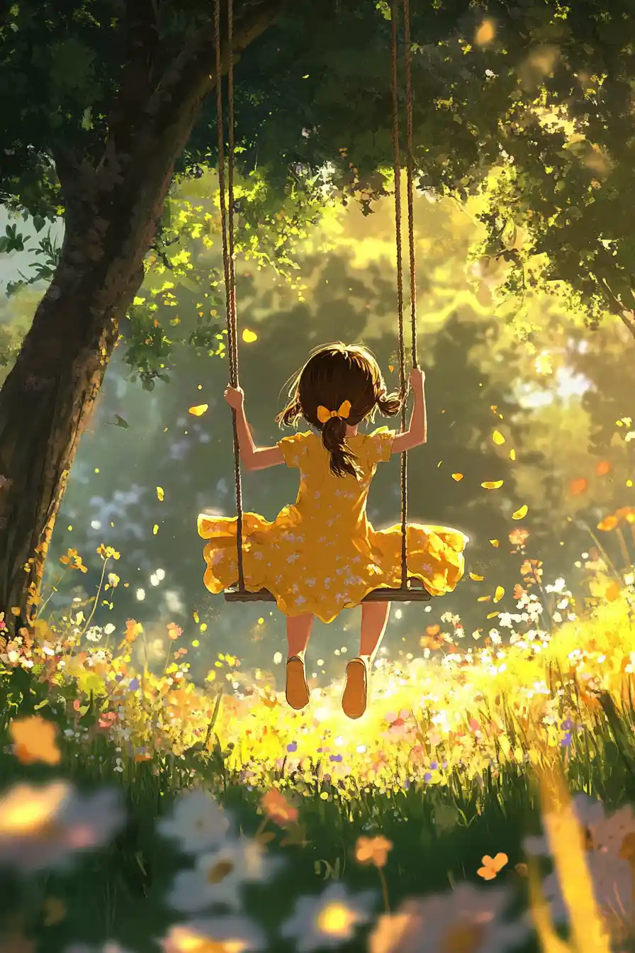 Anime girl on a swing in a glowing summer meadow