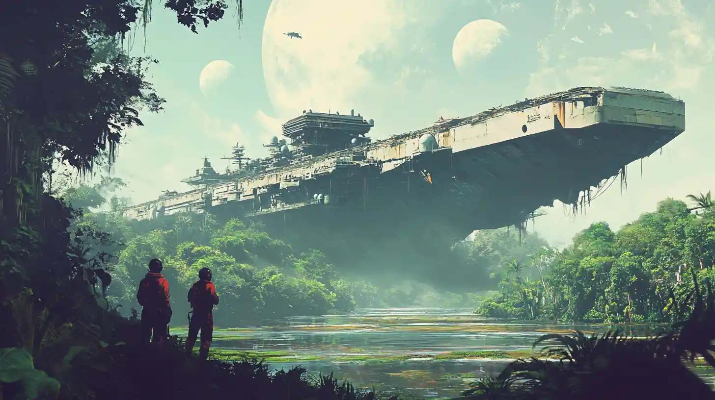 Ancient aircraft carrier discovered on a lush alien river world