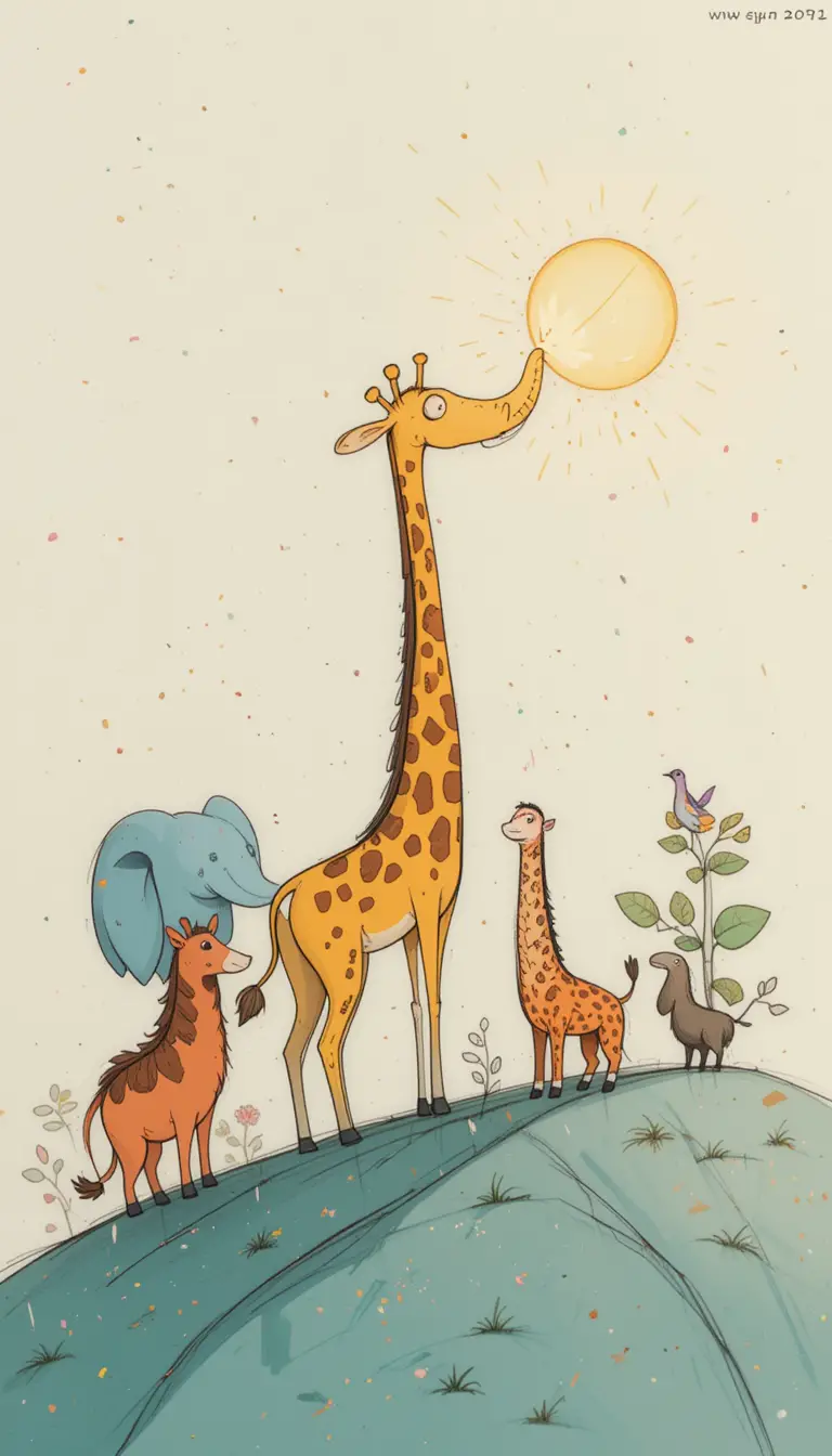 Playful Cartoon Zoo Animals Reaching For The Sun