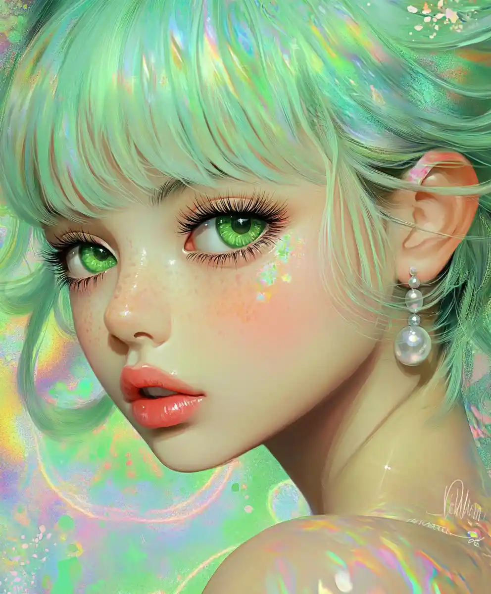 Anime girl portrait with mint hair and pearl earrings