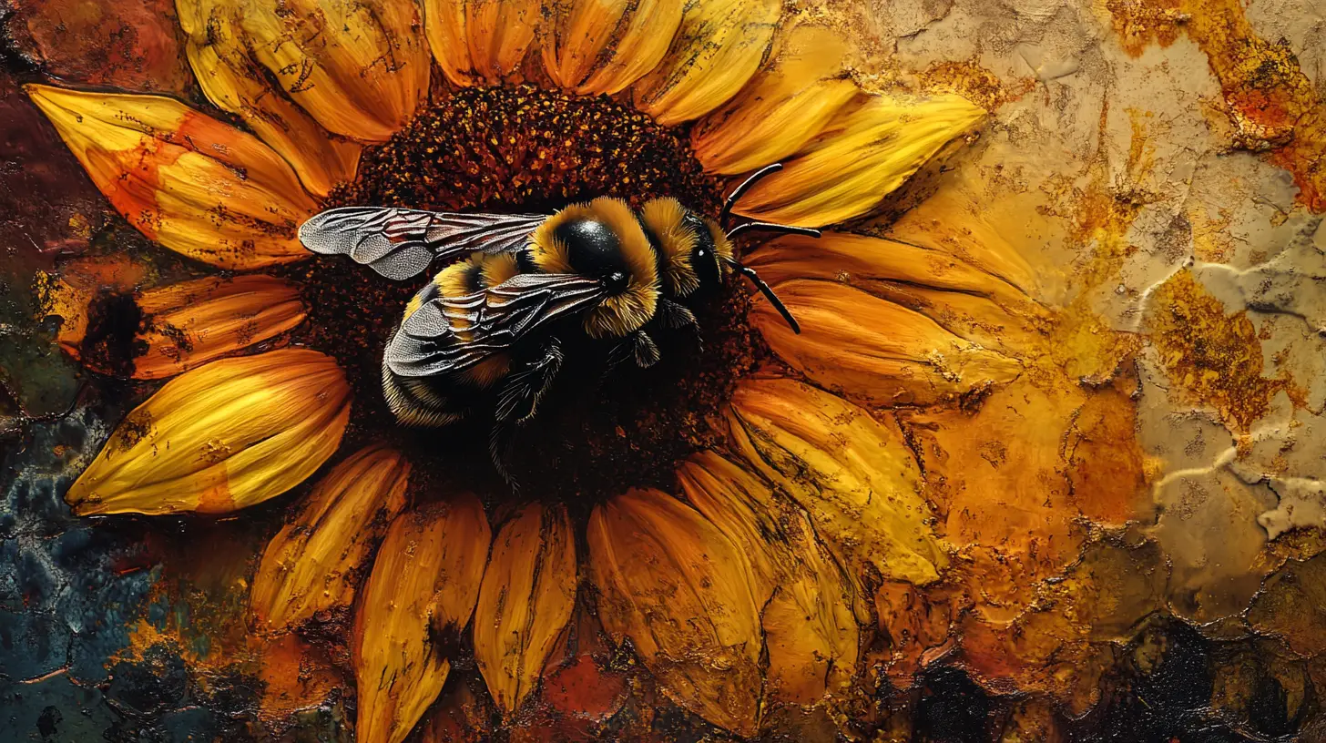 Bee resting on a sunflower in abstract ink art