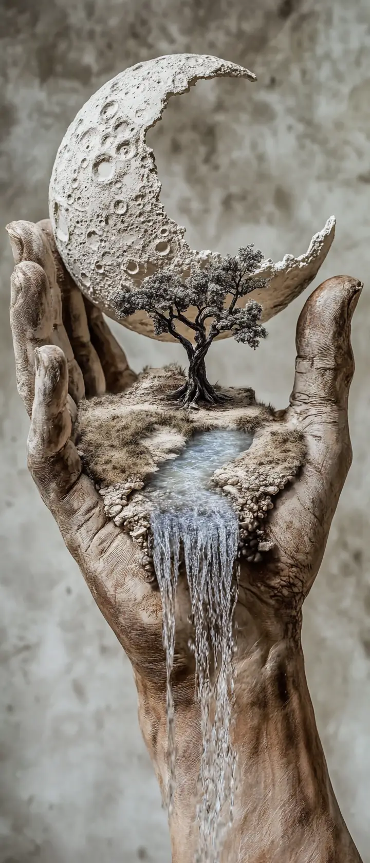 Weathered hand holding a crescent moon with living spring