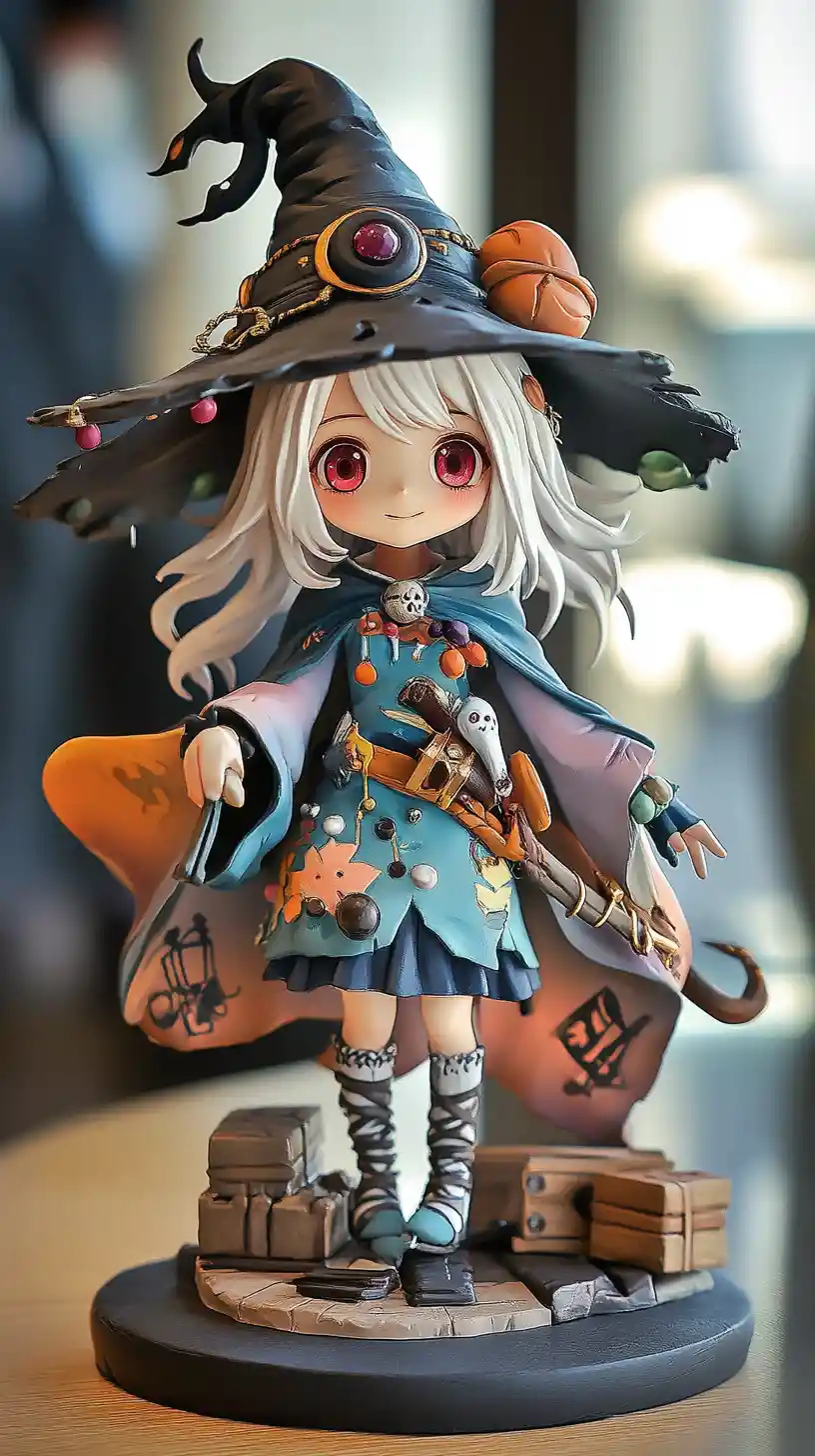 Anime witch girl figurine with magic staff in glass case