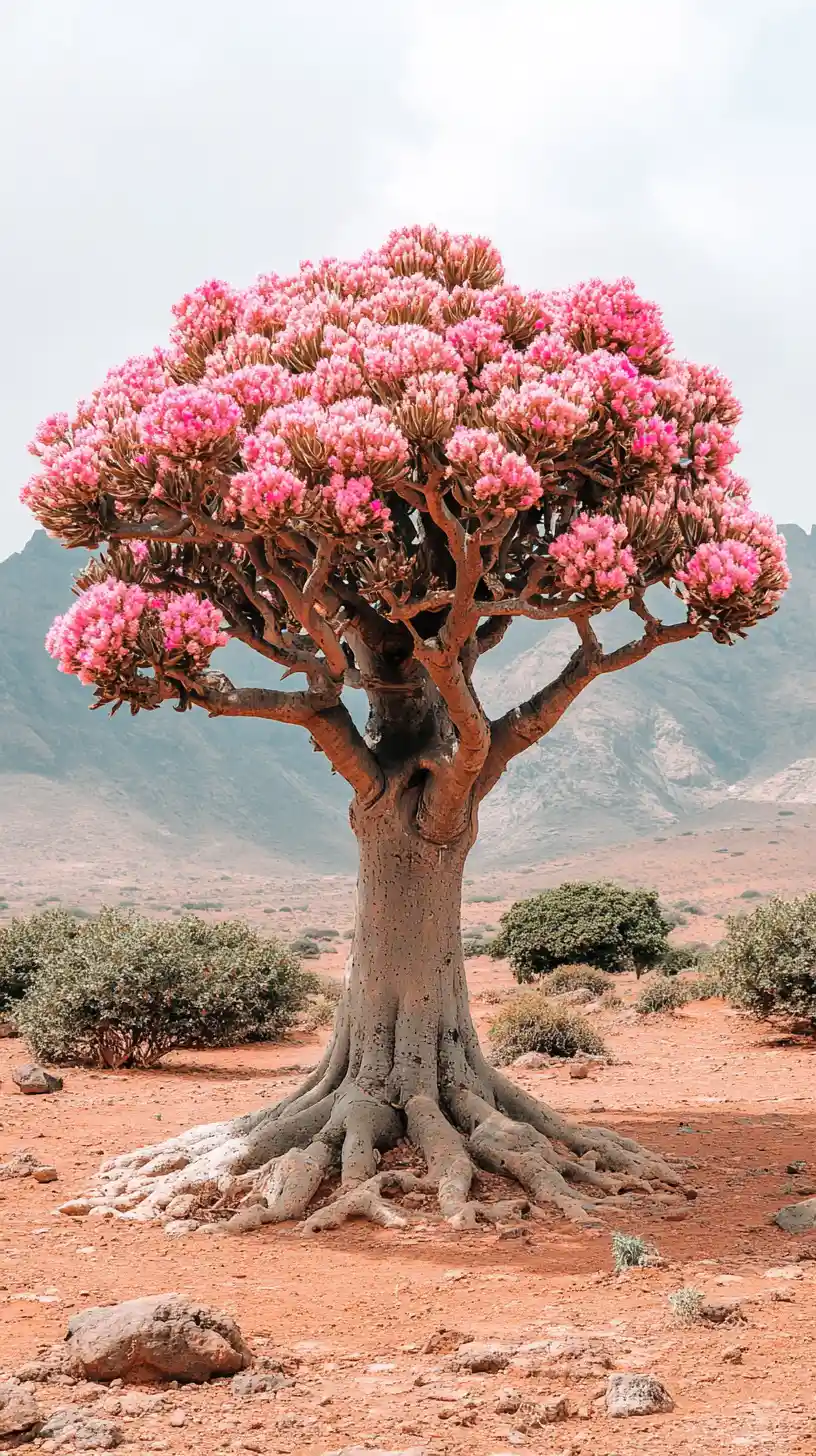 Pink desert trees blooming in a rugged rocky landscape