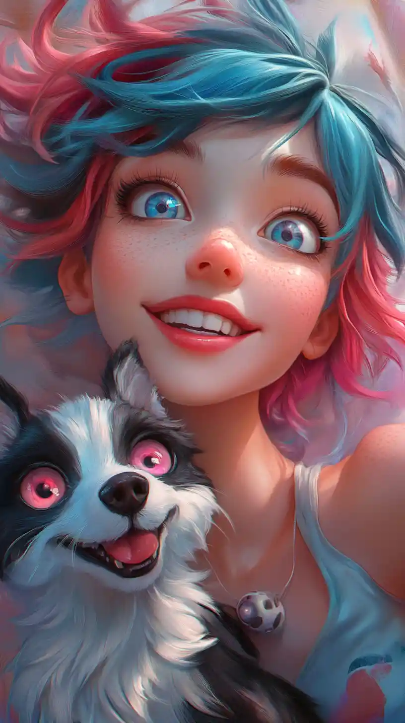 Anime woman with colorful hair and heterochromia close up