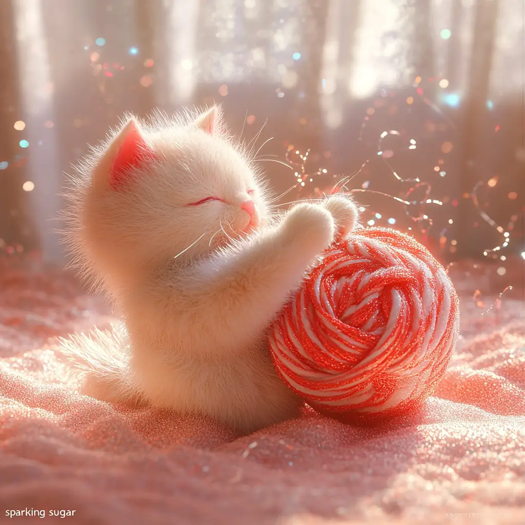 Surreal candy cat playing with sparkling sugar yarn