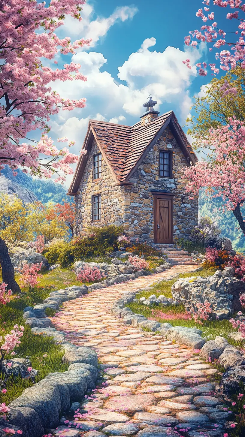 Stone cottage among cherry blossoms on a clear spring day