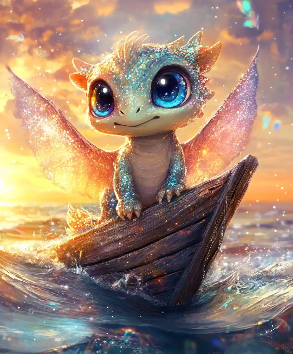 Baby dragon on driftwood boat in surreal glowing sea