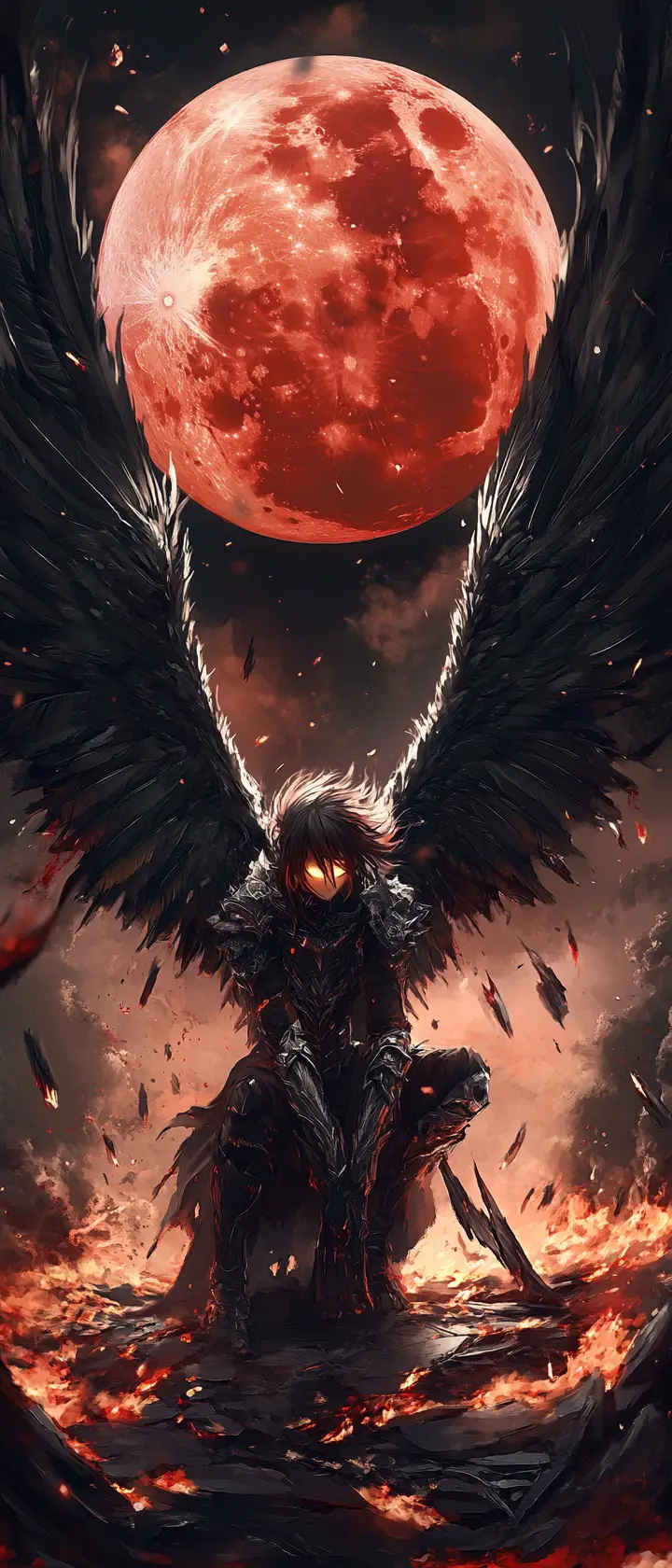 Fallen angel kneeling in embers on cursed battlefield
