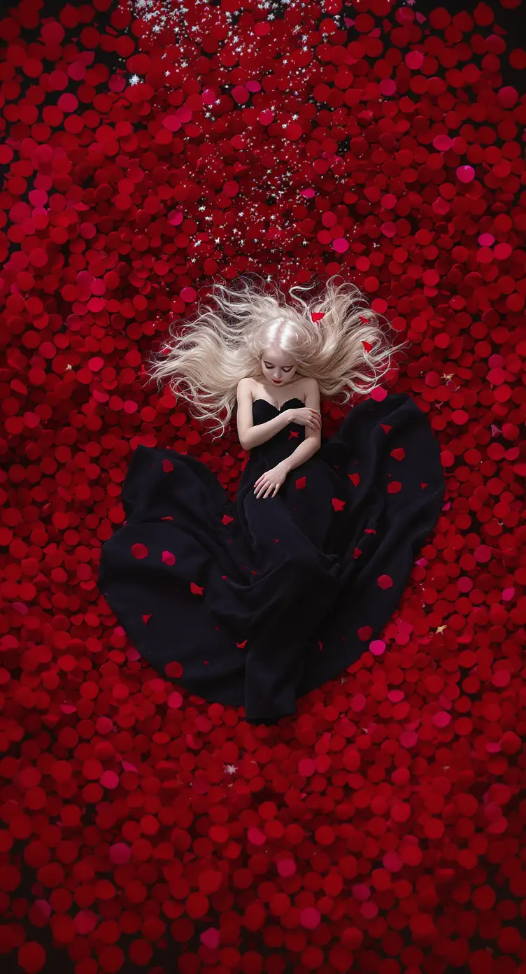 Girl in swirling circle of glowing red rose petals