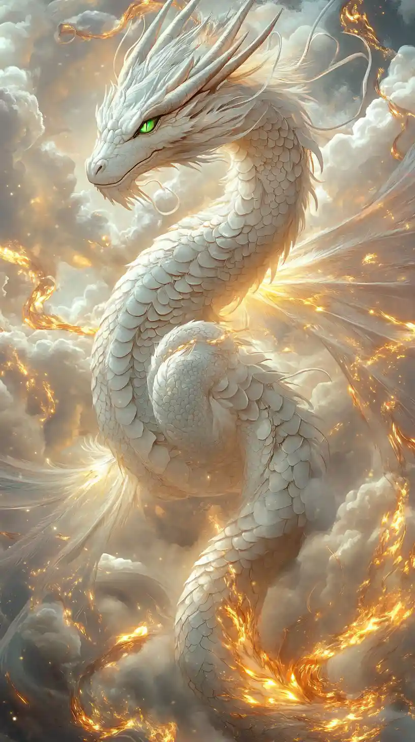 Majestic white dragon coiled in glowing storm clouds