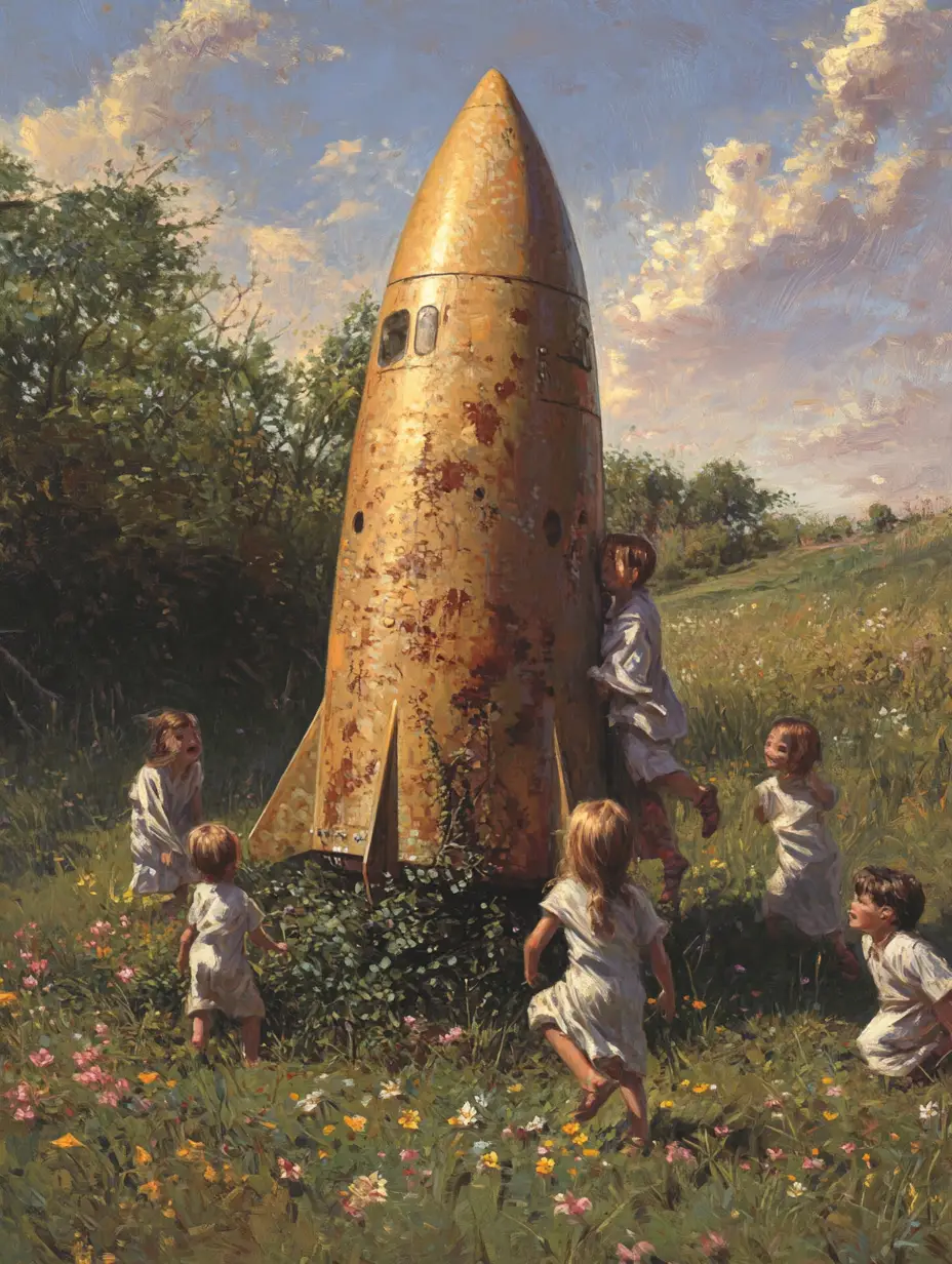 Bambini che arrampicano su un vecchio missile in un cortile soleggiato