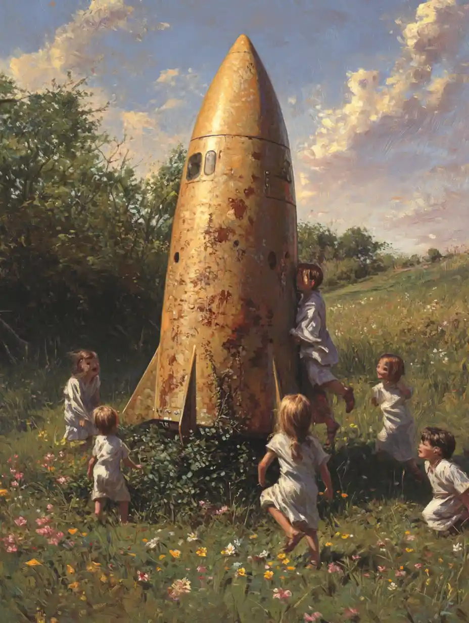 Children Climbing An Old Missile In A Sunny Yard
