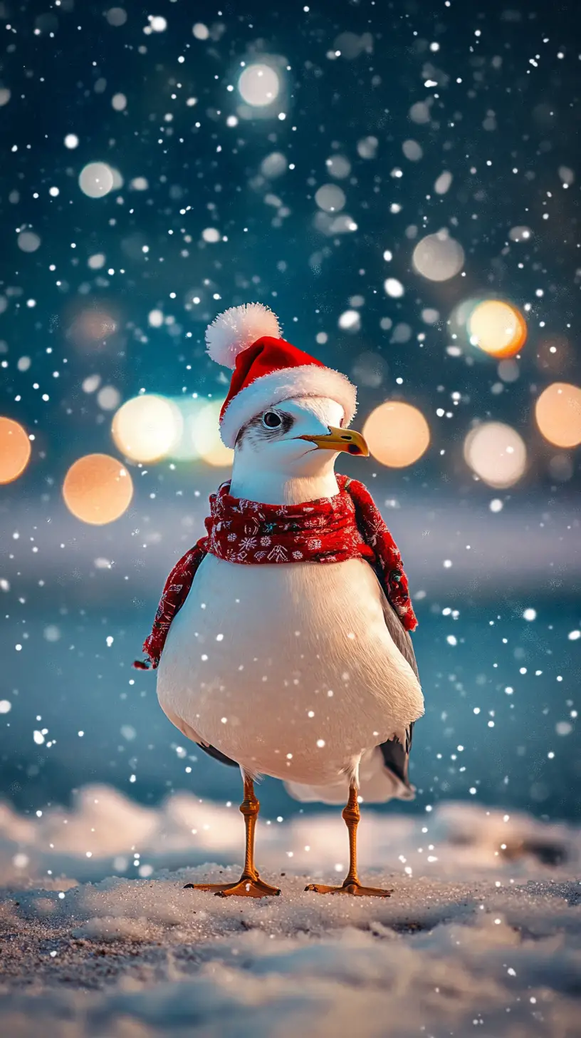 Seagull In Christmas Outfit On Snowy Winter Beach