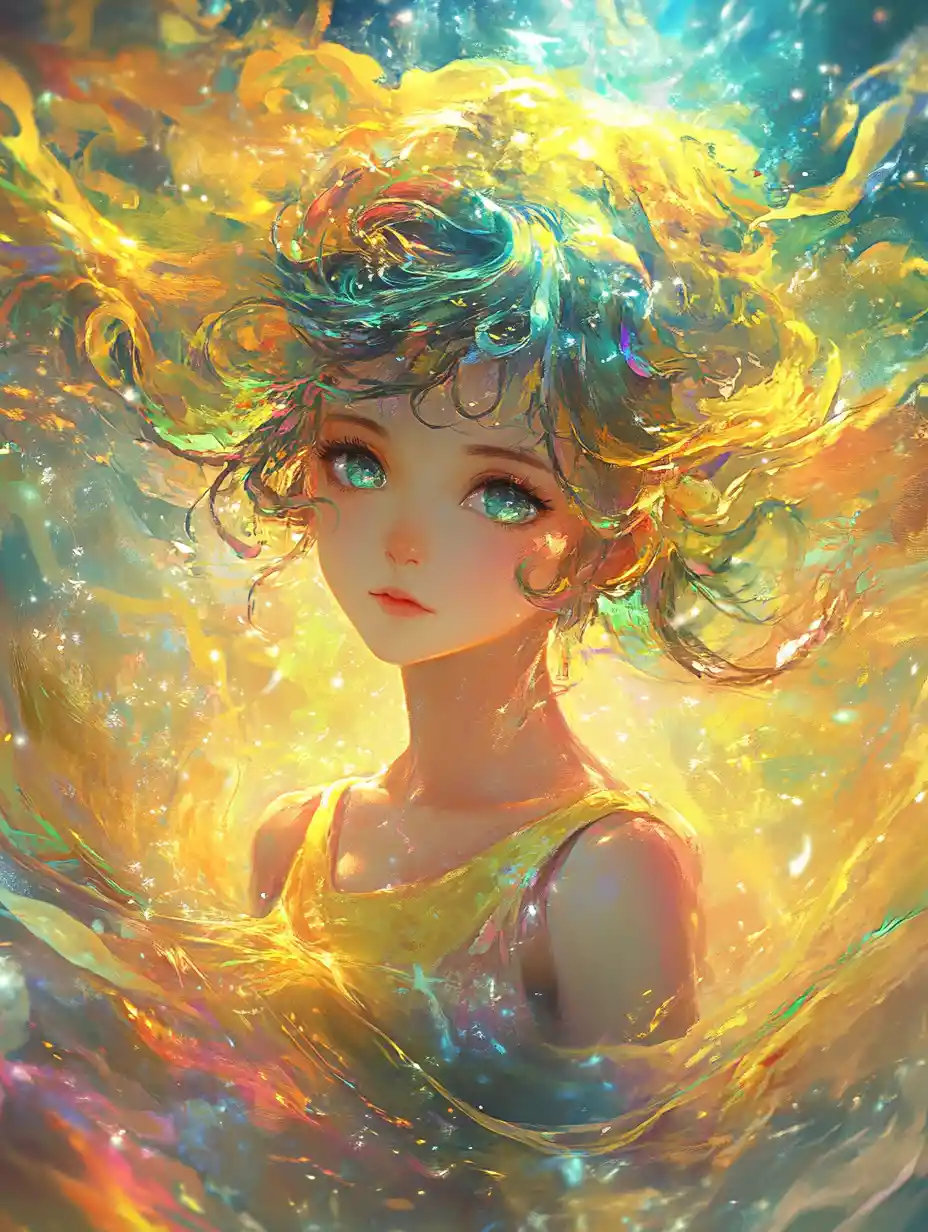 Anime girl with vibrant multicolored dreamlike hair