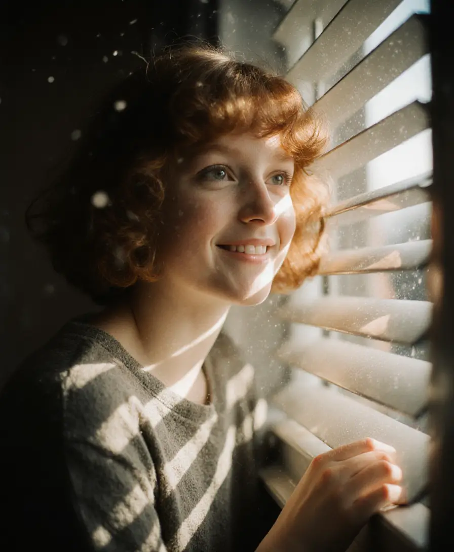 Girl gazing through window in soft side light