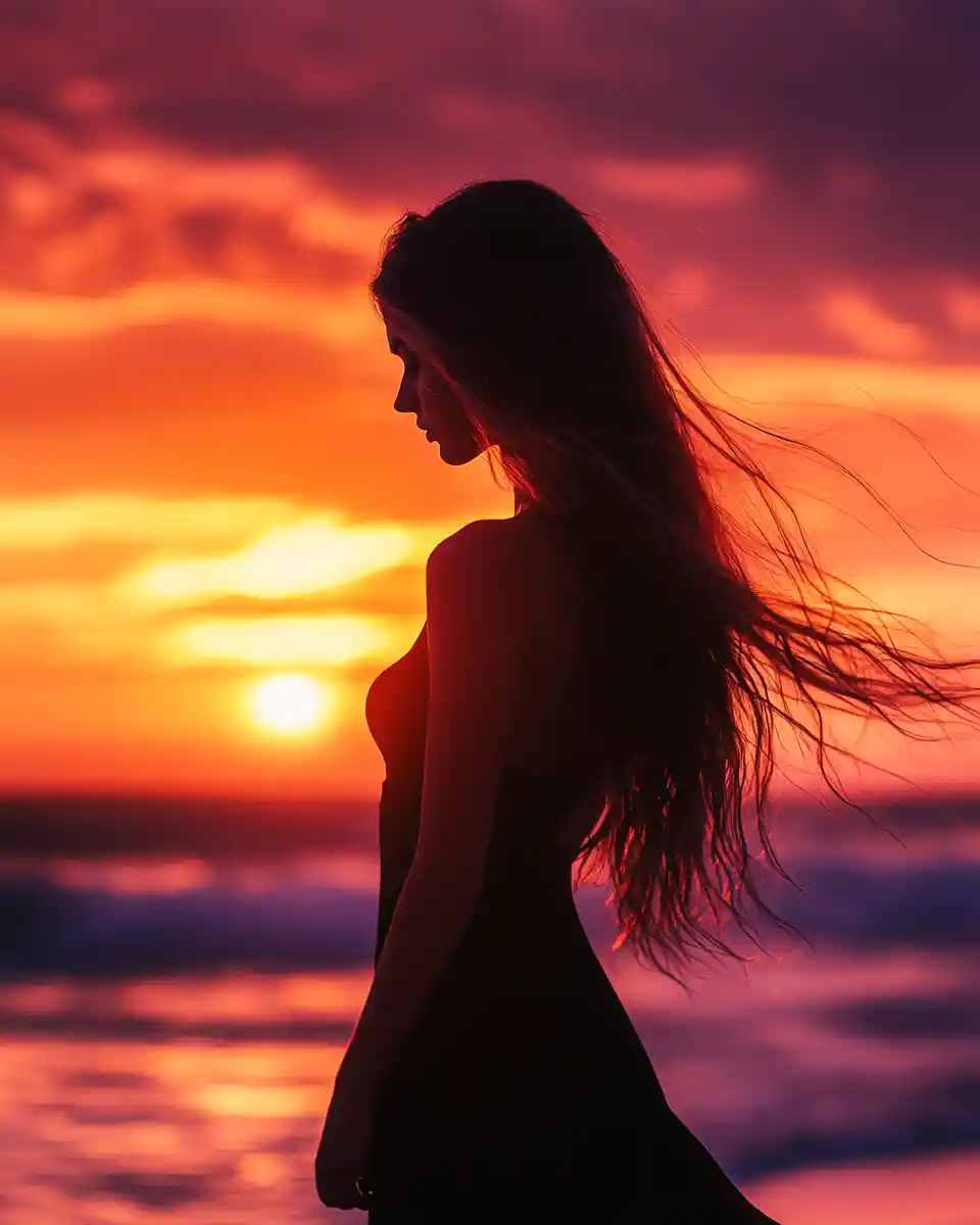 Young woman on windswept beach at glowing sunset