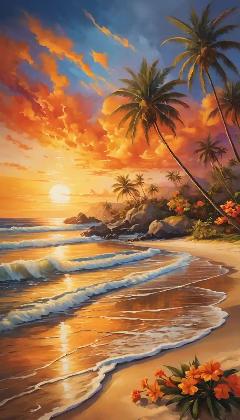 Vibrant sunset over a tropical beach with palm trees