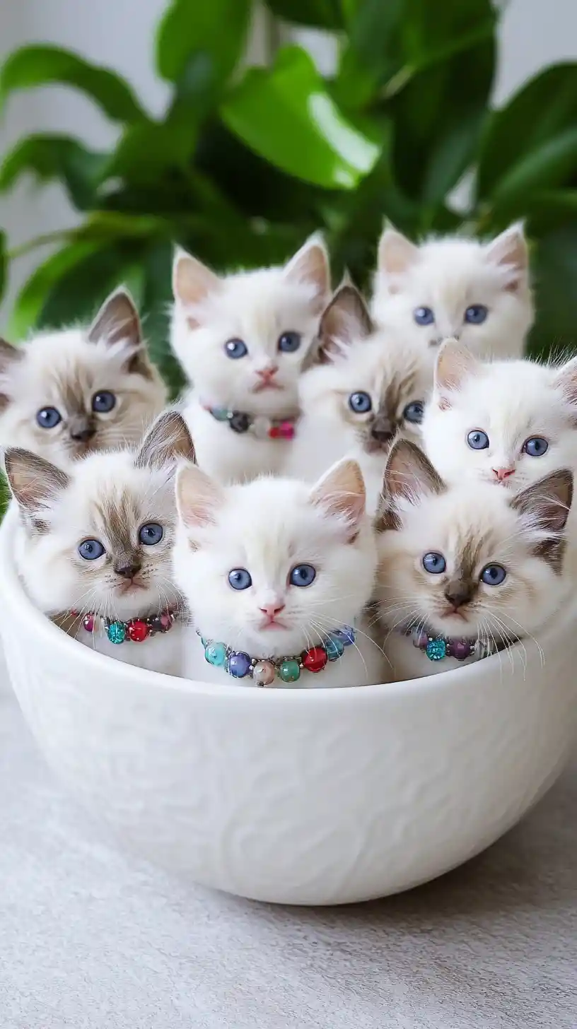 Nine ragdoll kittens cuddled together in a white bowl
