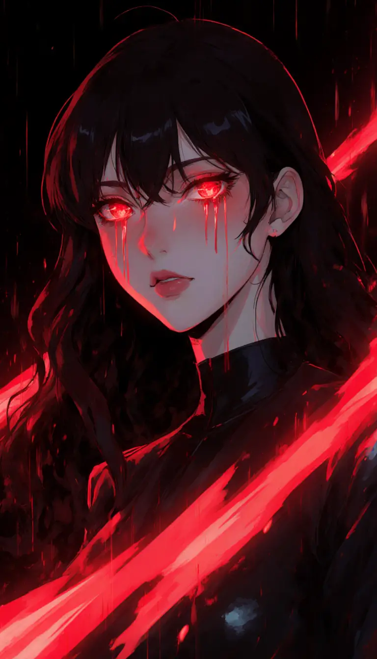 Anime woman with glowing red eyes in dark close up