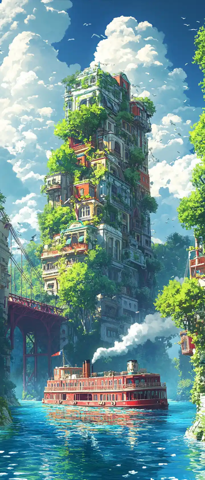 Ciudad junto al lago estilo anime con montañas iluminadas por el sol y barco de vapor