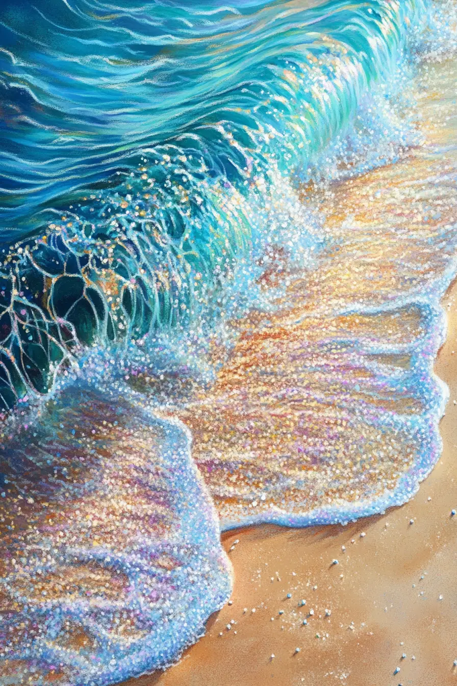 Close up oil pastel drawing of an ocean wave