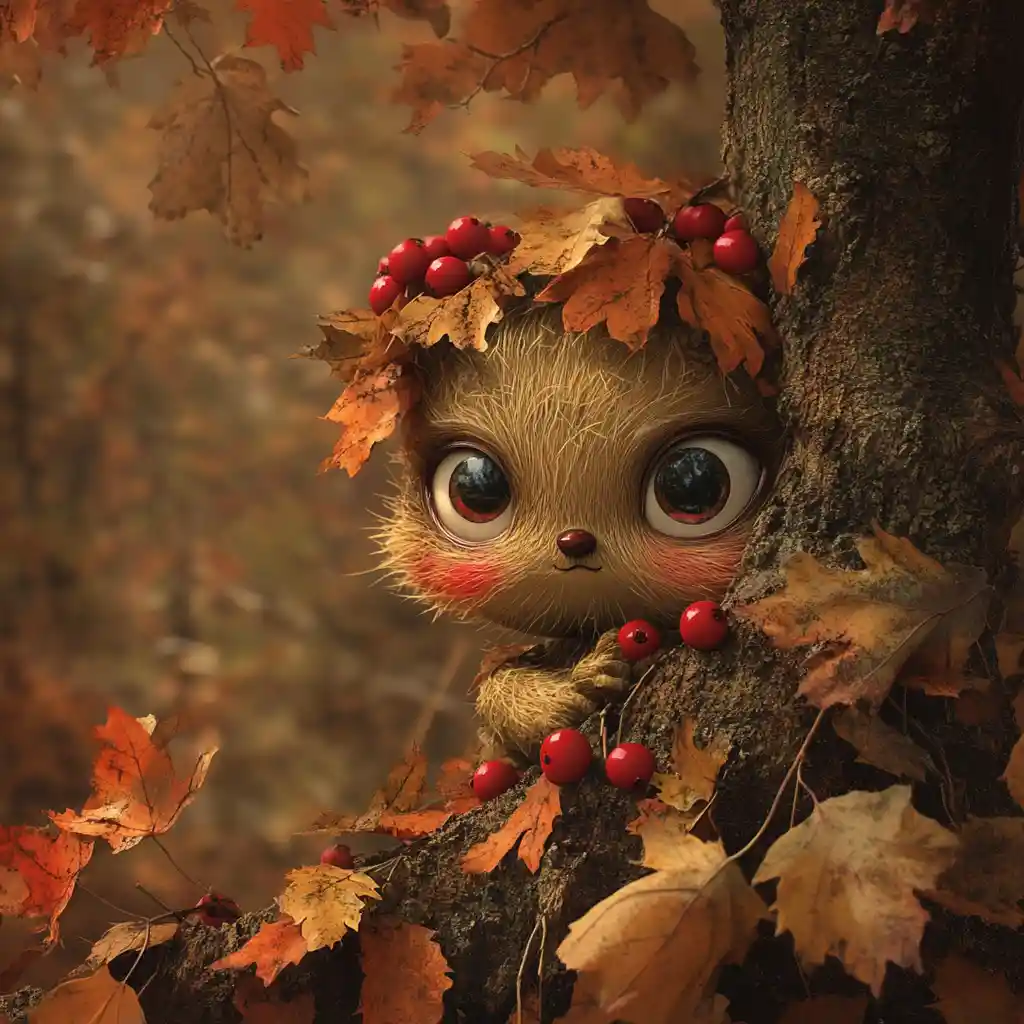 Whimsical fantasy creature playing in autumn leaves